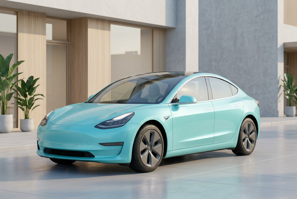 Turkoosi Tesla Model 3 opetusautona modernissa skandinaavisessa ympäristössä.